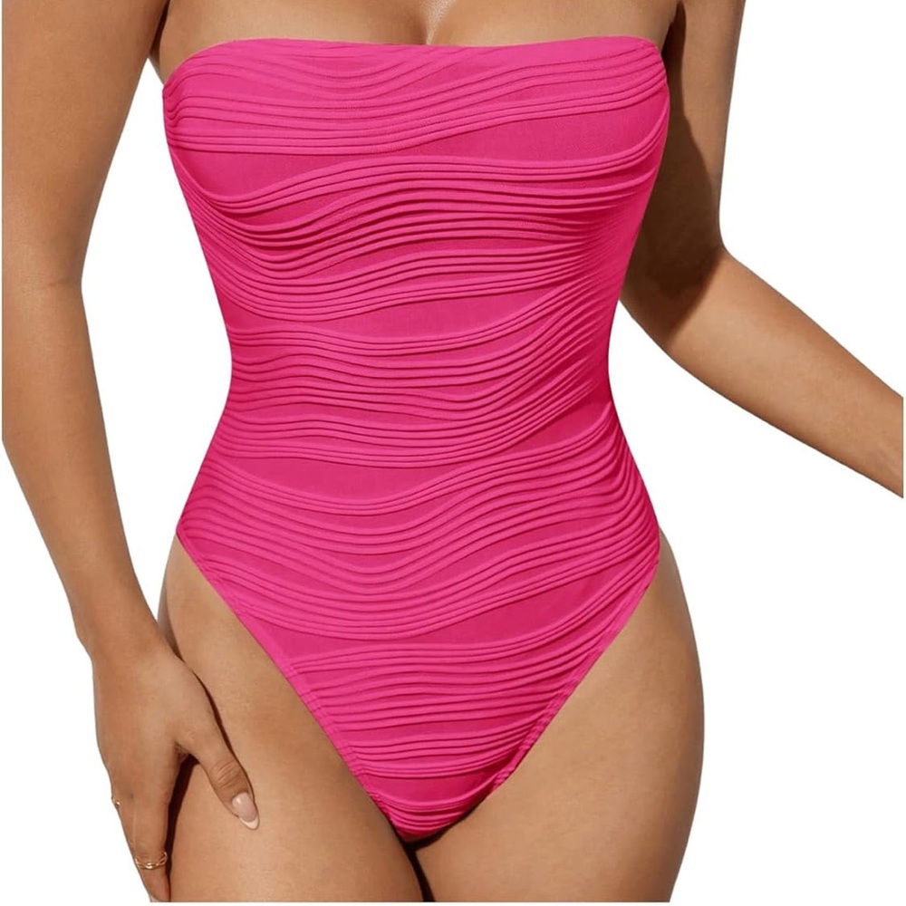 Pink wavy texture tube top bodysuit, summer, strapless